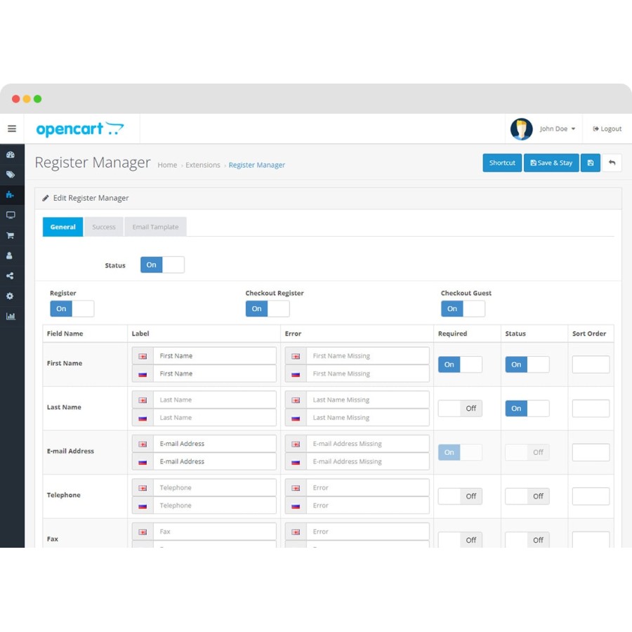 Менеджер регистрационной формы в OpenCart