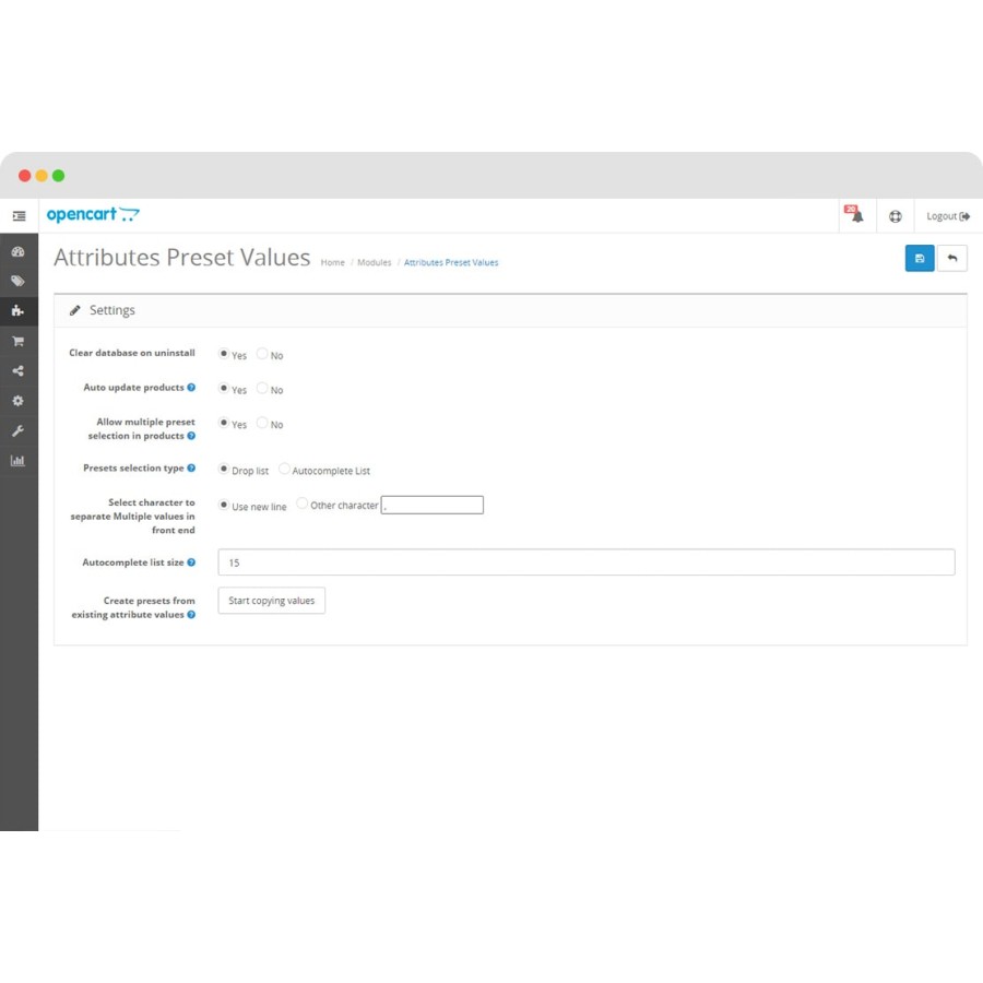 Attributes Preset Values for OpenCart