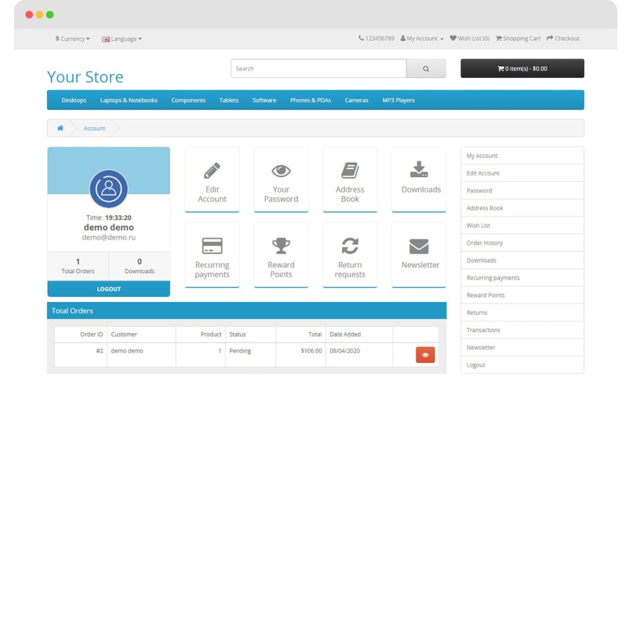 Модуль Account Dashboard Pro 2 OpenCart