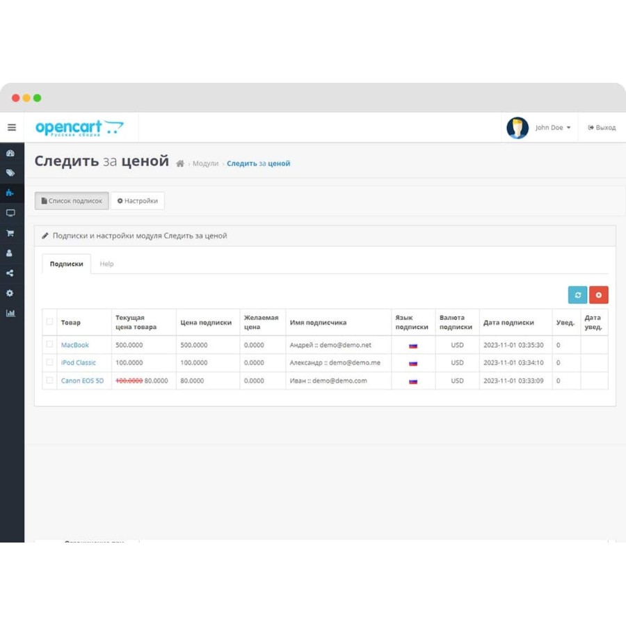 Модуль Следить за ценой для OpenCart